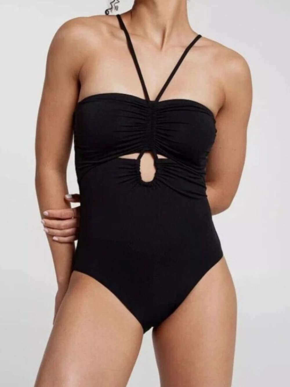 Calia Shirred Cutout One Piece‎ Swimsuit in Pure Black Womens Size 10 UPF 50+